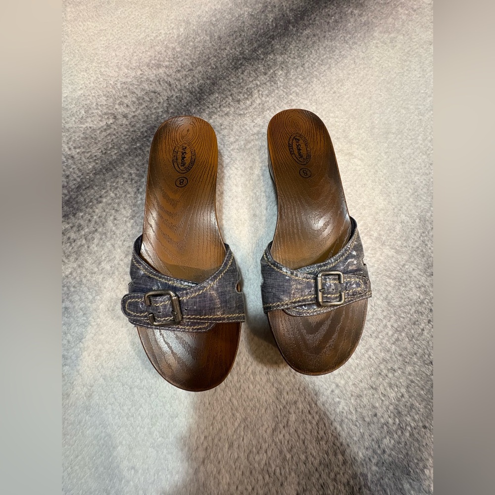 Dr. Scholl's Women's Faux Denim Blue Brown Slides Sandals Open Toe Shoes 8‎